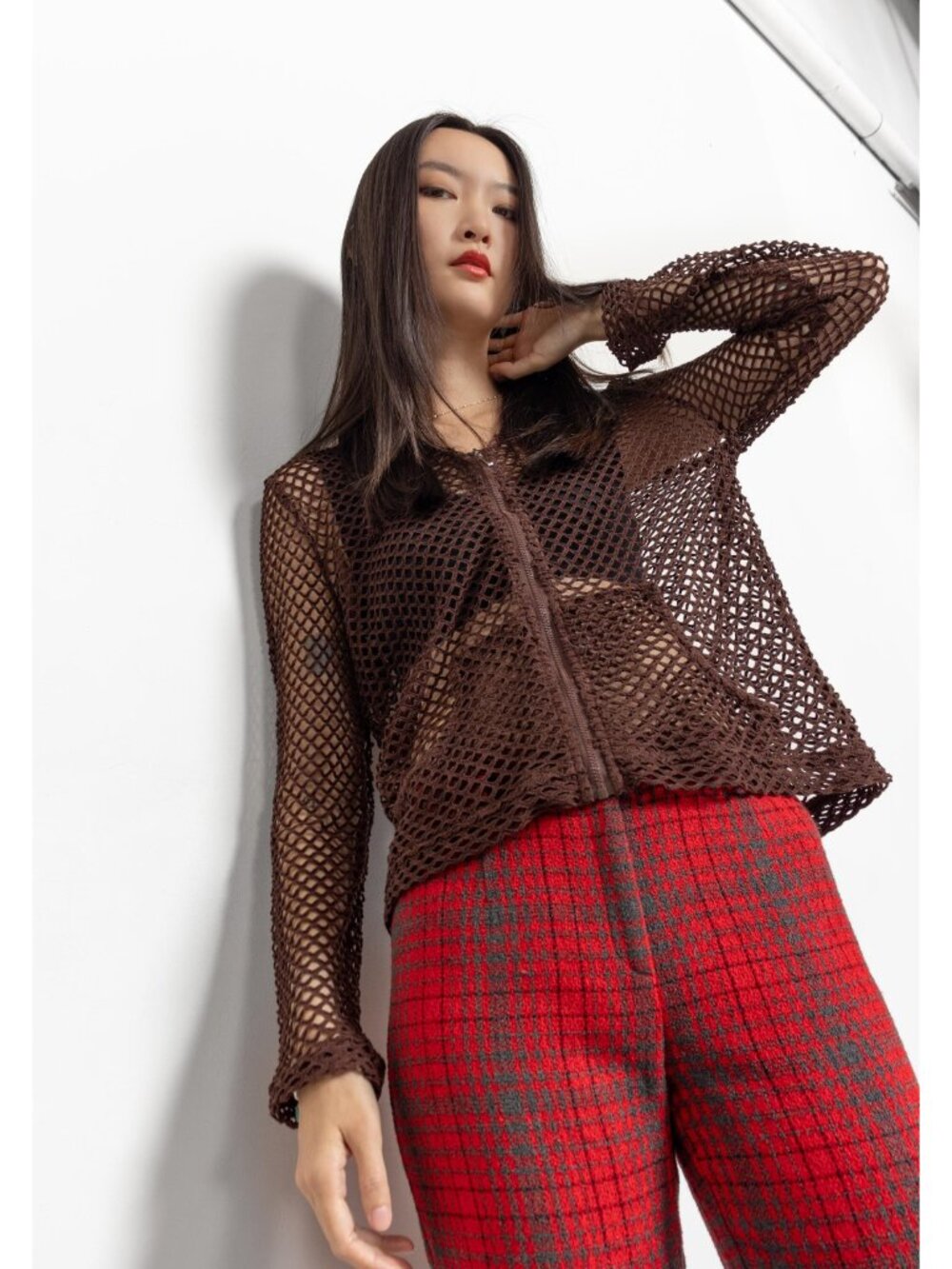 HOODED FISHNET TOP Brown Vintage Long Sleeves Oversize Zip Up / Medium